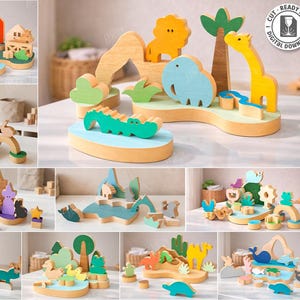 Puede incluir: Bloques de construcción de madera con temática de animales, con un diseño de jirafa, león y cocodrilo. La imagen también incluye el texto "CUT READY FILE" y "10 DESIGNS".