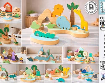 May include: Wooden animal-themed building blocks in various designs. The blocks feature a variety of animals, including a giraffe, lion, and crocodile. The image also includes text that says "CUT READY FILE" and "10 DESIGNS".