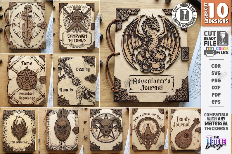 K&ouml;nnte beinhalten: Eine Sammlung von 10 lasergeschnittenen Holz-Journal-Covern mit verschiedenen Designs. Die Cover zeigen aufwendige Schnitzereien eines Drachen, eines Pentagramms, eines Sch&auml;dels und anderer Fantasy-Elemente. Jedes Cover ist ca. 20 x 25 cm gro&szlig;.
