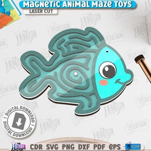 May include: A teal fish-shaped magnetic maze toy with a wooden wand. The maze has a spiral design within the fish's body. The text "MAGNETIC ANIMAL MAZE TOYS" and "LASER CUT" are visible. A digital download icon is also present.