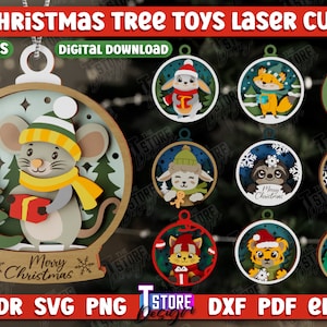 3D Christmas Tree Toys Laser Cut Bundle, Christmas winter ornament laser cut, Layered Animals ornament cnc files, Animals Christmas Ball