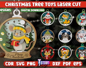 May include: Ten designs for laser cut Christmas tree ornaments. The ornaments feature various animals, including a mouse, a fox, a polar bear, a sloth, a pig, a raccoon, a cat, and a tiger. Each ornament is decorated with snowflakes and the words "Merry Christmas".