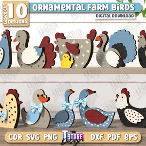 Puede incluir: Una colección de diez diseños de aves de granja ornamentales de madera cortadas con láser. Las aves incluyen gallinas, patos y pavos en varios colores y patrones. El texto "ORNAMENTAL FARM BIRDS DIGITAL DOWNLOAD" se muestra en la parte superior.