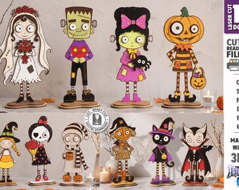 Halloween-Figuren zum Stehen (SVG) – Lasergeschnittene Halloween-Deko – Halloween-Regalfiguren aus Holz – Freistehende Halloween-Figuren (SVG)