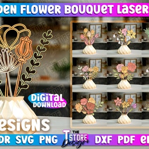 Blumenstrauß Laser geschnitten SVG-Bundle | Home SVG Design | 3D Blumenstrauß Lasercut | Holzblumen | Home Decor Lasercut
