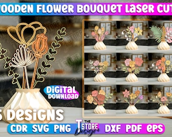 Flower Bouquet Laser Cut SVG Bundle | Home SVG Design | 3d Flower Bouquet Lasercut | Wooden Flowers | Home Decor Lasercut