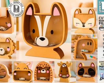 Pacchetto di salvadanai a forma di animale in 3D tagliati al laser, salvadanaio a forma di animale in formato svg, porta soldi per bambini, scatola di risparmio in formato svg, cassa, decorazioni personalizzate per la cameretta dei bambini