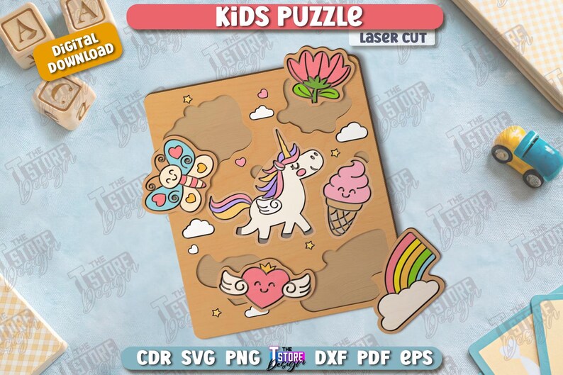 May include: Wooden laser-cut kids puzzle featuring a unicorn, butterfly, ice cream cone, rainbow, and heart with wings. The puzzle has a light brown base with colorful cut-out shapes. The text "KIDS PUZZLE" is at the top.
