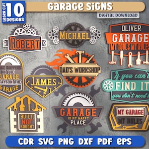 Puede incluir: Una colección de diez letreros de garaje cortados con láser en varios diseños. Los letreros presentan textos como "Robert", "Garage", "Dad's Workshop" y "My Garage My Rules". Los letreros son de color naranja, negro y blanco, con motivos de engranajes y herramientas.