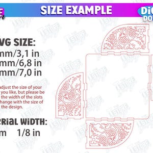 May include: A digital download design template for a 3D model of a box with a floral pattern. The design is shown in red lines on a white background. The average size of the box is 78 mm/3.1 in, 175 mm/6.8 in, and 180 mm/7.0 in. The material width is 3 mm/1/8 in.