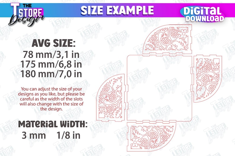 May include: A digital download design template for a 3D model of a box with a floral pattern. The design is shown in red lines on a white background. The average size of the box is 78 mm/3.1 in, 175 mm/6.8 in, and 180 mm/7.0 in. The material width is 3 mm/1/8 in.