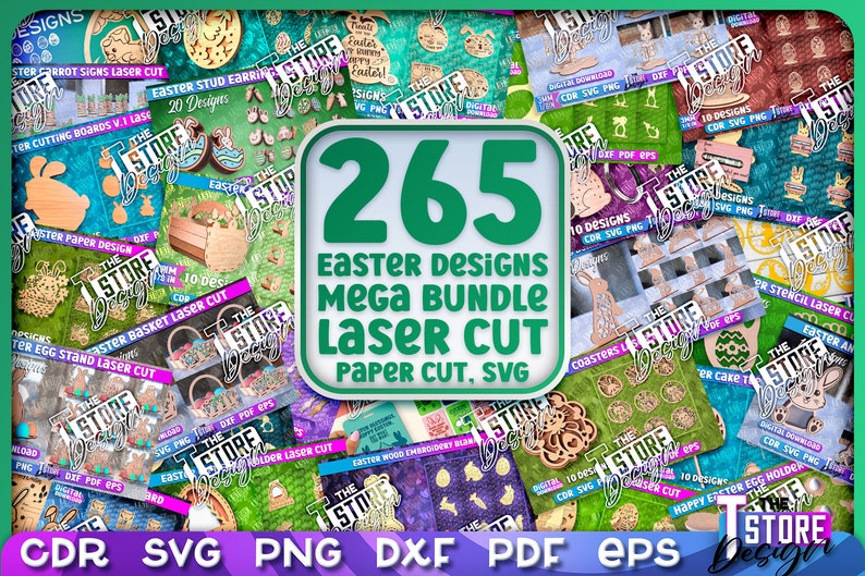 May include: A collage of 265 Easter designs for laser cutting and paper crafts. The designs include a variety of Easter-themed images, such as bunnies, eggs, baskets, and flowers. The designs are available in a variety of formats, including SVG, DXF, PDF, and EPS.