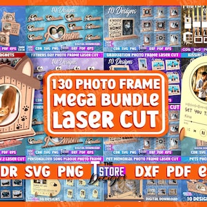 以下が含まれることがあります： レーザーカット用のフォトフレームデザイン130個のデジタルダウンロードバンドル。デザインには、クリスマス、父の日、卒業式、ペットなど、さまざまなテーマが含まれています。デザインは、CDR、SVG、PNG、DXF、PDF、EPS形式で入手できます。
