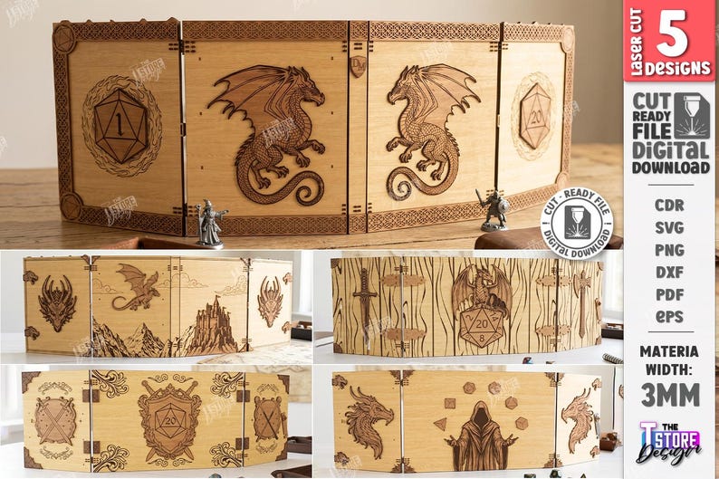 K&ouml;nnte beinhalten: Lasergeschnittener Spielbildschirm aus Holz mit f&uuml;nf verschiedenen Designs, darunter Drachen und W&uuml;rfel. Der Bildschirm besteht aus 3 mm starkem Material und ist als digitaler Download erh&auml;ltlich. Der Text auf dem Bild lautet "Laser Cut" und "5 Designs".