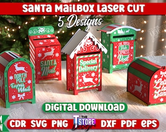 May include: Five laser cut designs for Santa mailboxes. The mailboxes are red and green with white accents and feature various Christmas-themed designs, including "Santa Mail", "Special Delivery", "North Pole Express Mail", and "Letters to Santa".