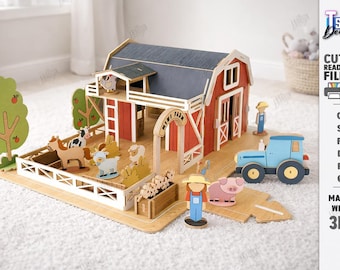 Puede incluir: Un juego de granja de madera con un granero rojo y un techo gris, un tractor azul y animales de granja. El conjunto incluye una valla, árboles y una figura de granjero. El ancho del material es de 3 mm.