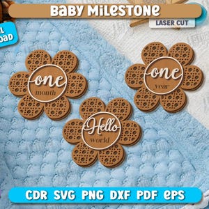 Lot de jalons découpés au laser pour bébé, ensemble de jalons en rotin, cartes mensuelles de première année de bébé, faire-part de nouveau-né, svg hello world, enfants v.1