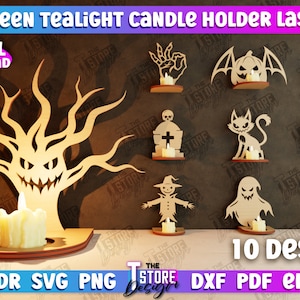 Könnte beinhalten: Zehn Halloween-Motive für Teelicht-Kerzenhalter, lasergeschnitten aus Holz. Die Designs umfassen einen gruseligen Baum, eine Katze, ein Gespenst, eine Spinne, einen Friedhof, eine Fledermaus, eine Vogelscheuche und ein Monster. Die Designs sind 3 mm dick und 1/8 Zoll groß. CDR-, SVG-, PNG-, DXF-, PDF- und EPS-Dateiformate sind enthalten.