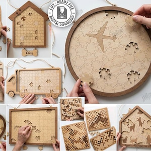 May include: A selection of 12 laser-cut wooden puzzles in diverse forms, such as a cat, house, heart, and truck. Each puzzle is partially assembled, displaying the interlocking pieces. The image includes the text "CUT READY FILE DIGITAL DOWNLOAD".