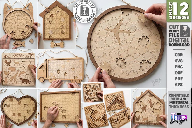 May include: A selection of 12 laser-cut wooden puzzles in diverse forms, such as a cat, house, heart, and truck. Each puzzle is partially assembled, displaying the interlocking pieces. The image includes the text "CUT READY FILE DIGITAL DOWNLOAD".