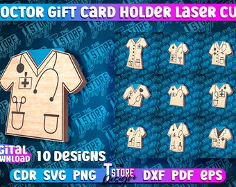 May include: A digital download of 10 laser cut designs for a doctor gift card holder. The designs feature a doctor's coat with a stethoscope, a cross, and a pocket. The designs are available in CDR, SVG, PNG, DXF, PDF, and EPS formats.