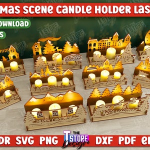 クリスマスシーンキャンドルホルダーレーザーカットSVGバンドル、クリスマスレーザーSVGデザイン、クリスマスライトSVG、3Dクリスマス、クリスマスランプ