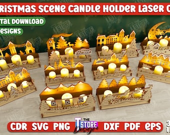 Paquete SVG de portavelas con escena navideña cortado con láser, diseño SVG láser navideño, SVG de luz navideña, Navidad 3D, lámpara navideña