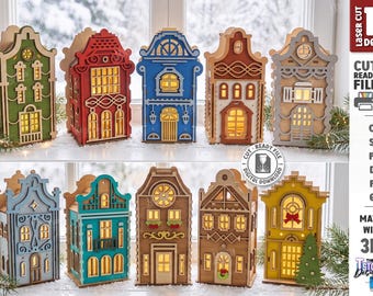 Christmas Village SVG - Laser Cut Wooden House Lantern - Christmas Night Light Decor - Holiday Village Luminary svg
