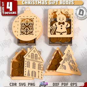 Könnte beinhalten: Vier lasergeschnittene Weihnachtsgeschenkboxen aus Holz in verschiedenen Formen: ein Ornament, ein Lebkuchenmann, ein Haus und ein Weihnachtsbaum. Jede Box ist mit Keksen gefüllt. Der Text "Christmas Gift Boxes" wird angezeigt.