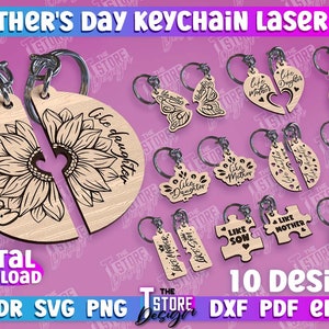 May include: Ten laser cut designs for Mother's Day keychains. The designs include a sunflower, a butterfly, a heart, a crown, a puzzle piece, and a sun and moon. The keychains are made of wood and are ready to be personalized.