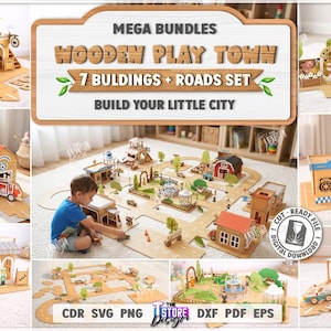May include: A wooden play town set with 7 buildings and roads. The set includes a fire station, police station, hospital, mini shop, and other buildings. The buildings are made of light brown wood and have red and blue accents. A child is playing with the set.