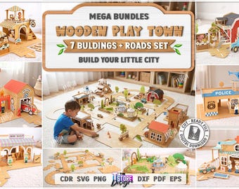 Megapack de ciudad de juegos de madera 3D, gran conjunto de juguetes Montessori de ciudad con archivos de corte láser, pista de coches, granja, ciudad cortada con láser, comisaría de policía de madera