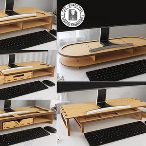 May include: A collection of five light-colored wooden monitor stands featuring various storage compartments, slots, and drawers. The digital download includes laser cut files in CDR, SVG, PNG, DXF, PDF, and EPS formats for 6mm material width.