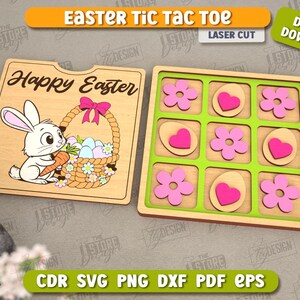 May include: A wooden Easter tic-tac-toe game featuring a bunny and basket design. The game board has nine squares with pink hearts and flowers. The game pieces are also pink hearts and flowers. The game board has the words "Happy Easter" on it.