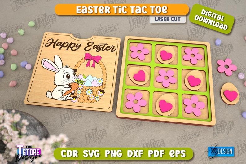 May include: A wooden Easter tic-tac-toe game featuring a bunny and basket design. The game board has nine squares with pink hearts and flowers. The game pieces are also pink hearts and flowers. The game board has the words "Happy Easter" on it.
