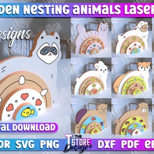 Könnte beinhalten: Ein digitaler Download von 10 Laser-Cut-Designs für hölzerne Nisttiere. Die Designs zeigen eine Vielzahl von Tieren, darunter einen Waschbären, eine Katze, ein Schaf, einen Fuchs, ein Schwein, ein Lama, einen Bären und einen Fisch. Die Designs sind perfekt, um einzigartige und personalisierte Holzspielzeuge zu erstellen.