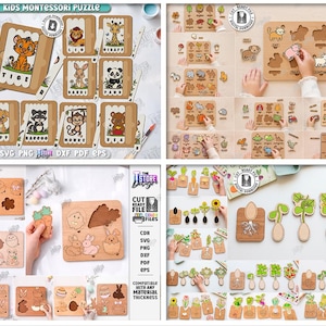 May include: A selection of wooden Montessori puzzles for children. The puzzles feature animal, vegetable, and shape designs. The image includes various puzzle pieces and completed puzzles, with the text "Kids Montessori Puzzle" and "10 Designs".