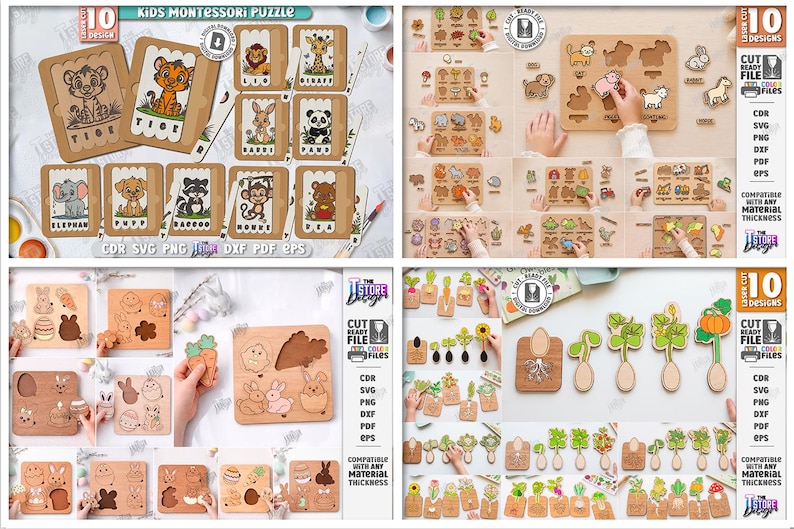 May include: A selection of wooden Montessori puzzles for children. The puzzles feature animal, vegetable, and shape designs. The image includes various puzzle pieces and completed puzzles, with the text "Kids Montessori Puzzle" and "10 Designs".