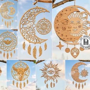 Pode incluir: Uma coleção de dez apanhadores de sonhos de madeira cortados a laser em vários designs celestiais e inspirados na natureza. Os designs incluem luas, sóis, mariposas e outros elementos decorativos. A imagem também inclui o texto "10 Designs" e "Cut Ready File Digital Download".
