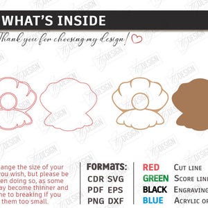 May include: Digital download featuring seashell designs in various formats. Includes cut lines, score lines, and engraving options. The image shows a seashell outline, a solid seashell, and text that says "What's Inside".