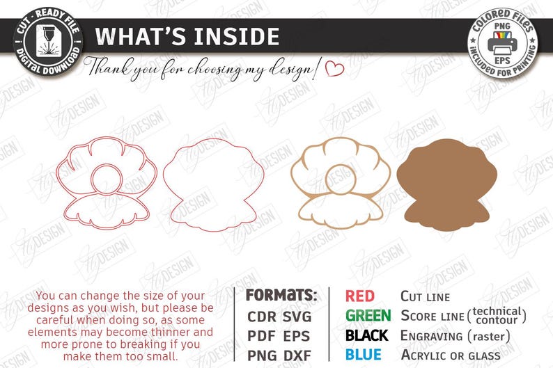 May include: Digital download featuring seashell designs in various formats. Includes cut lines, score lines, and engraving options. The image shows a seashell outline, a solid seashell, and text that says "What's Inside".