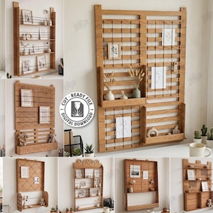 May include: A collection of ten laser-cut wooden wall shelf and display board designs for digital download. The light brown wood structures feature various grid patterns, horizontal slats, and integrated shelves for holding small items and frames.