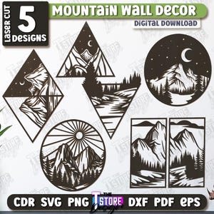 Pacchetto di decorazioni da parete con taglio laser di montagna, decorazioni da parete con linee grandi di montagna, decorazioni da fattoria, foresta di montagna in formato svg, design di montagna in formato svg, geometrico in formato svg