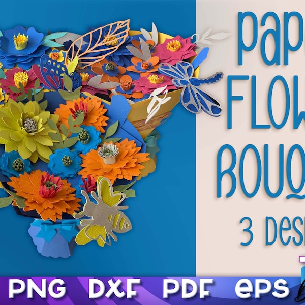 3D Paper flower bouquet svg bundle, Mother's day gift, Bouquet of paper flowers, Paper bouquet template, Bouquet with sunflower, mum gifts