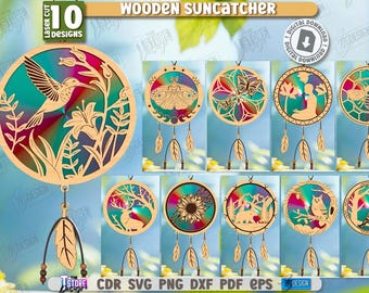 3d wooden suncatcher laser cut bundle, boho window ornament, wooden suncatcher design, mystical wall decor svg, wooden sun catcher laser cut