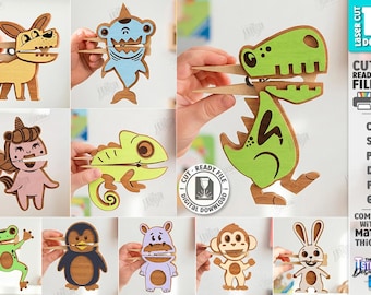 Paquete de títeres de pinzas de ropa para niños cortados con láser, figuras de pinzas de ropa, títeres SVG, juguetes educativos preescolares SVG, patrón de títeres de animales, bebé SVG
