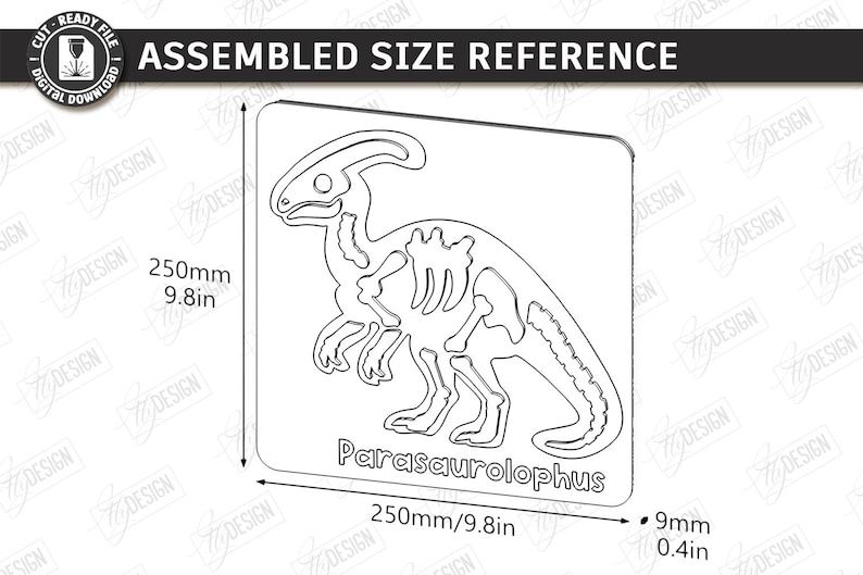 K&ouml;nnte beinhalten: Eine Schwarz-Wei&szlig;-Strichzeichnung eines Parasaurolophus-Dinosauriers auf quadratischem Hintergrund. Die Gr&ouml;&szlig;e betr&auml;gt 250 mm x 250 mm und 9 mm dick. Der Text "Parasaurolophus" steht darunter.