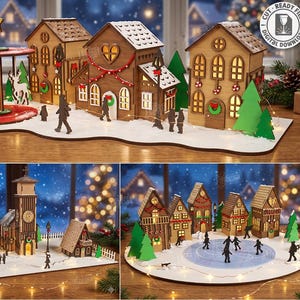 Op de afbeelding: Een digitale downloadset met 3 lasersnijontwerpen voor een houten kerstdorp. De set bevat huizen, een carrousel, een kerk en schaatsfiguren op een witte basis, geschikt voor een materiaaldikte van 3 mm.