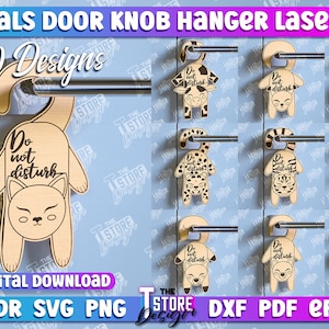 Op de afbeelding: Tien digitale ontwerpen voor lasergesneden deurknophangers met verschillende dieren met de tekst "Niet storen". De ontwerpen omvatten een kat, een giraffe, een cheetah, een tiger, een aap en meer.