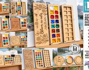 Watercolor Paint Palette SVG - Laser Cut Wooden Paint Box - Artist Travel Palette With Mixing Wells - Art Supply Organizer svg